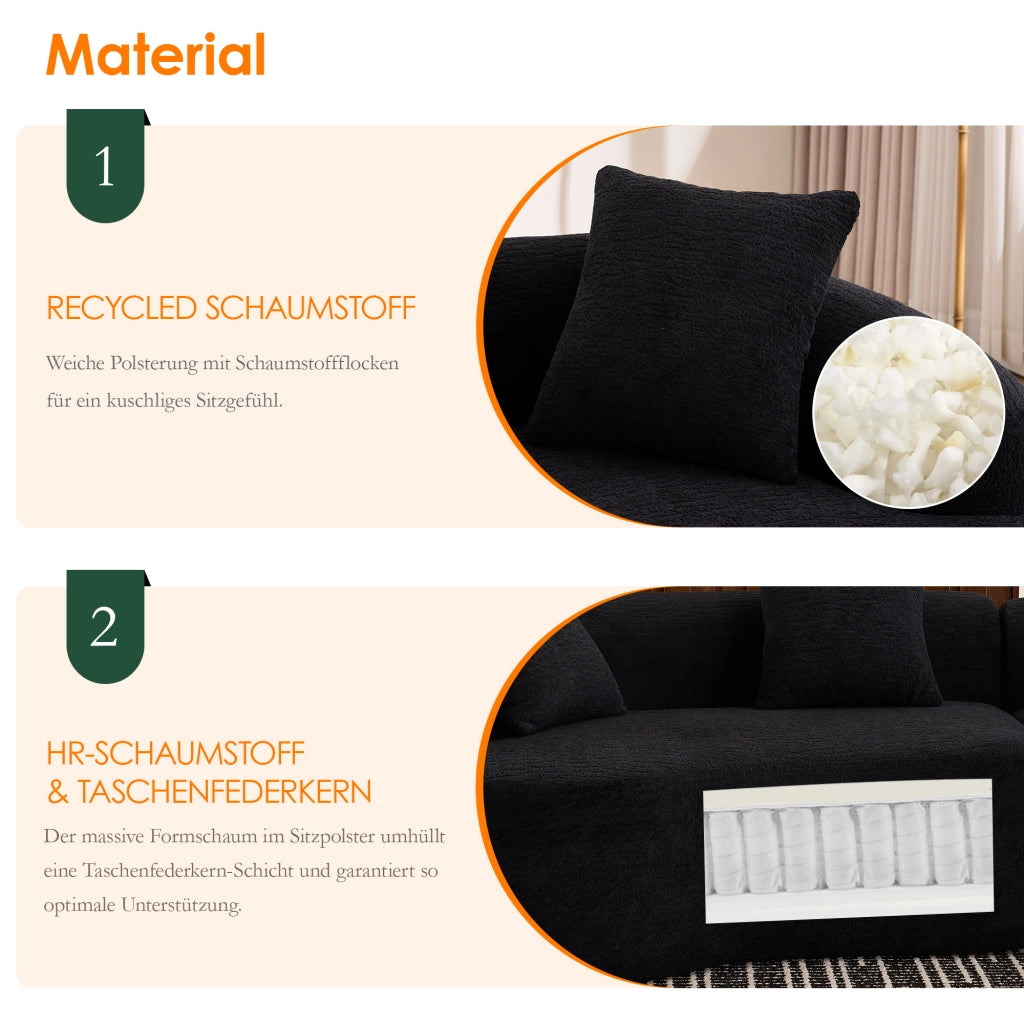 Divano ad angolo modulare 4 posti in chenille con design curvo e salvaspazio per soggiorno e salotto, nero