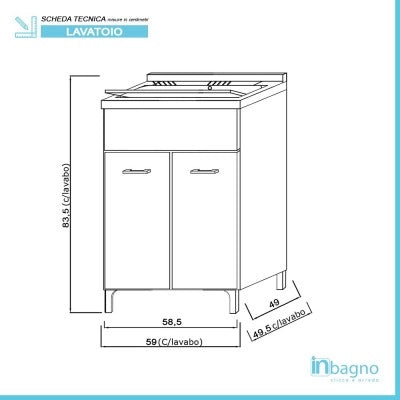 Mobile lavatoio grigio 60x50 cm vasca in resina e asse lavapanni Desya