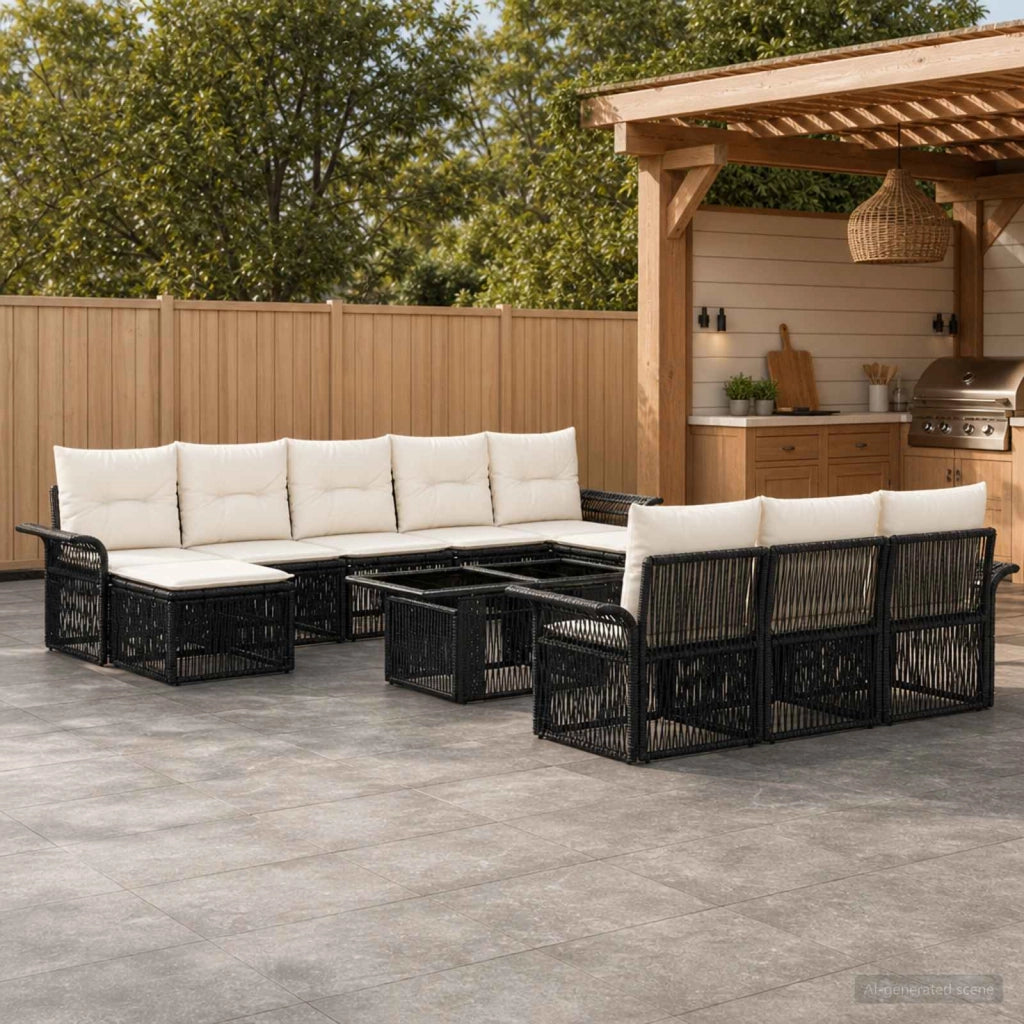 Set Divano da Giardino 11 pz Nero e Bianco Crema polyrattan 3436699