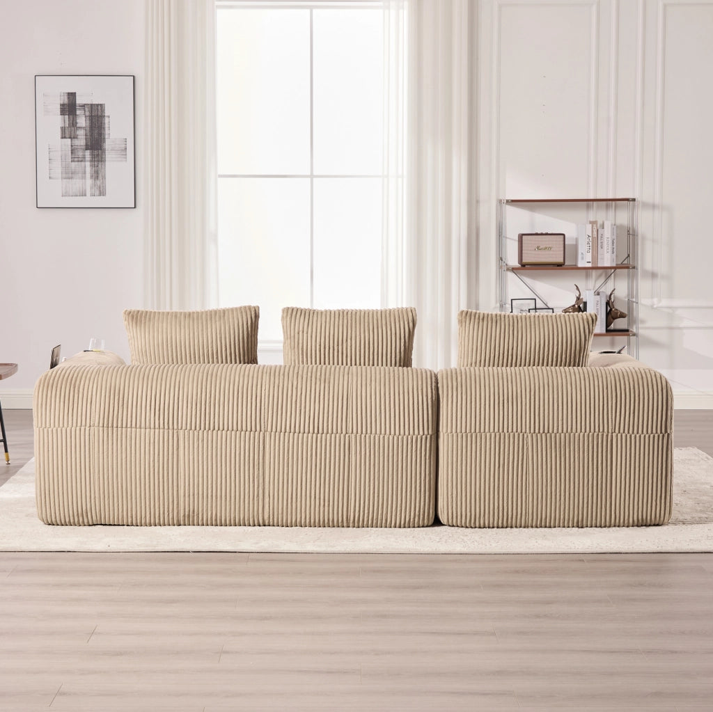 Divano modulare 253x158x61 cm con sistema combinabile DIY; tasche laterali e portabicchieri in corduroy khaki