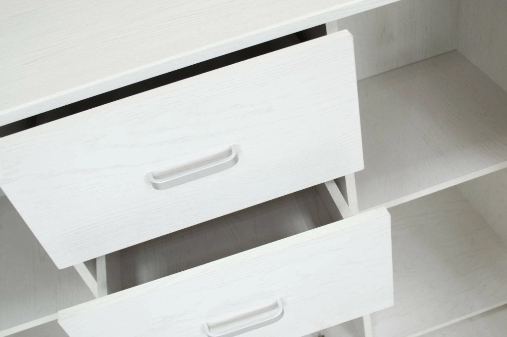 Credenza Apocalypse, Buffet moderno a 3 ante e 2 cassetti, Madia lineare con ripiani, Made in Italy, Cm 120x40h83, Rovere sbiancato