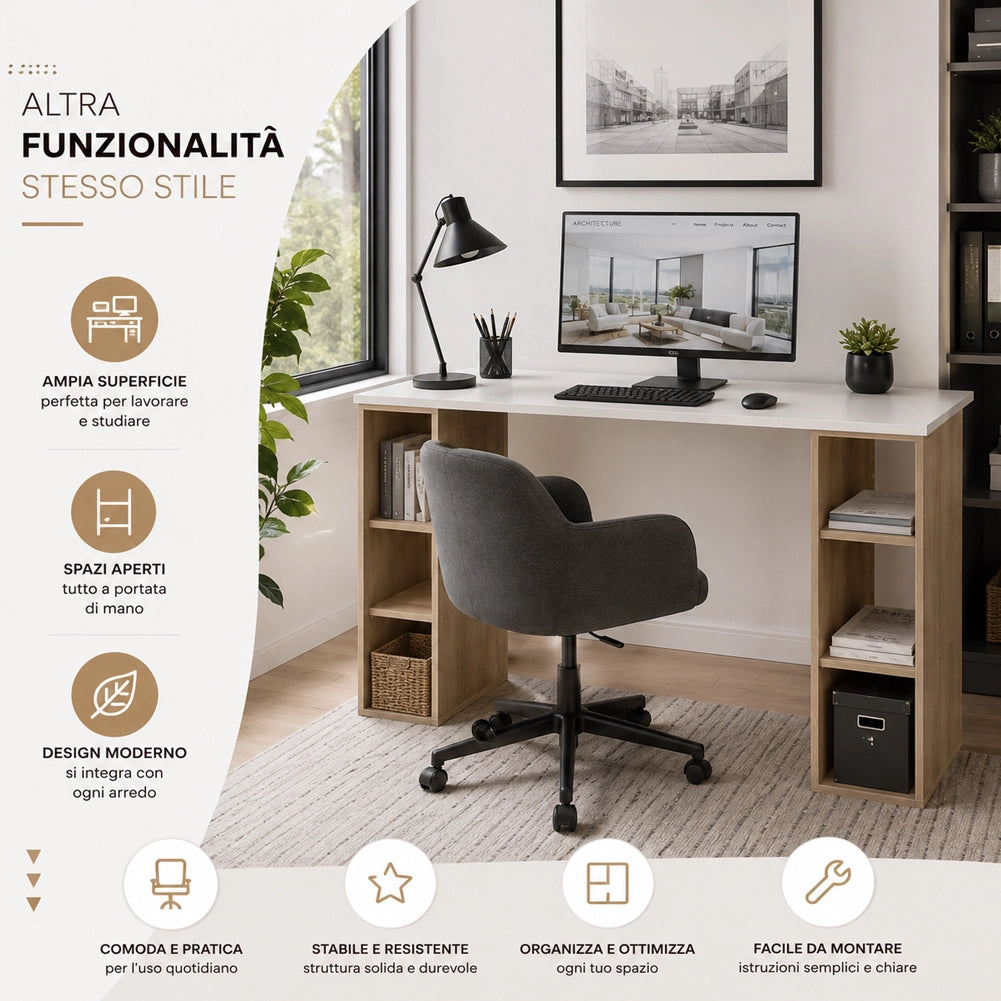 Scrivania Libreria 6 Ripiani Tavolo Porta Pc Computer Legno Casa Ufficio Quercia