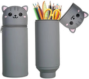 Etui in Silicona con Disegno di Gatto, Scelta tra 18 Modelli, Borsa 2-in-1 di Silicona morbida, Etui con Disegno di Animale, 18,5 cm di Altezza, con Cerniera e Espandibile, Etui per Ragazzi e Ragazze (Grigio)