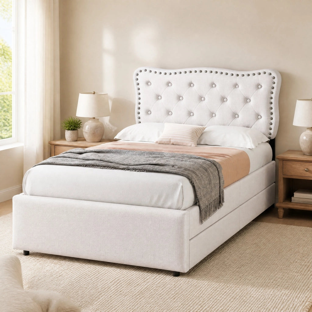 Letto imbottito 90x200 cm con 2 cassetti, beige chiaro