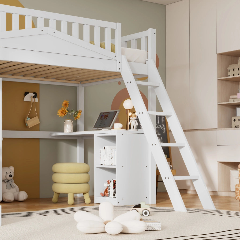 DESMIU Letto a castello Letto per bambini 1 posto con scivolo, scrivania e armadio, 90 × 200 cm, senza materasso, bianco