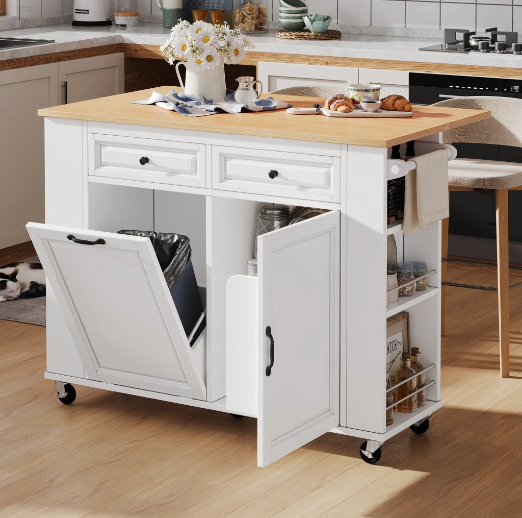 Isola da cucina 120x40-70x92 cm con piano apribile; prese integrate e vano rifiuti; MDF bianco naturale