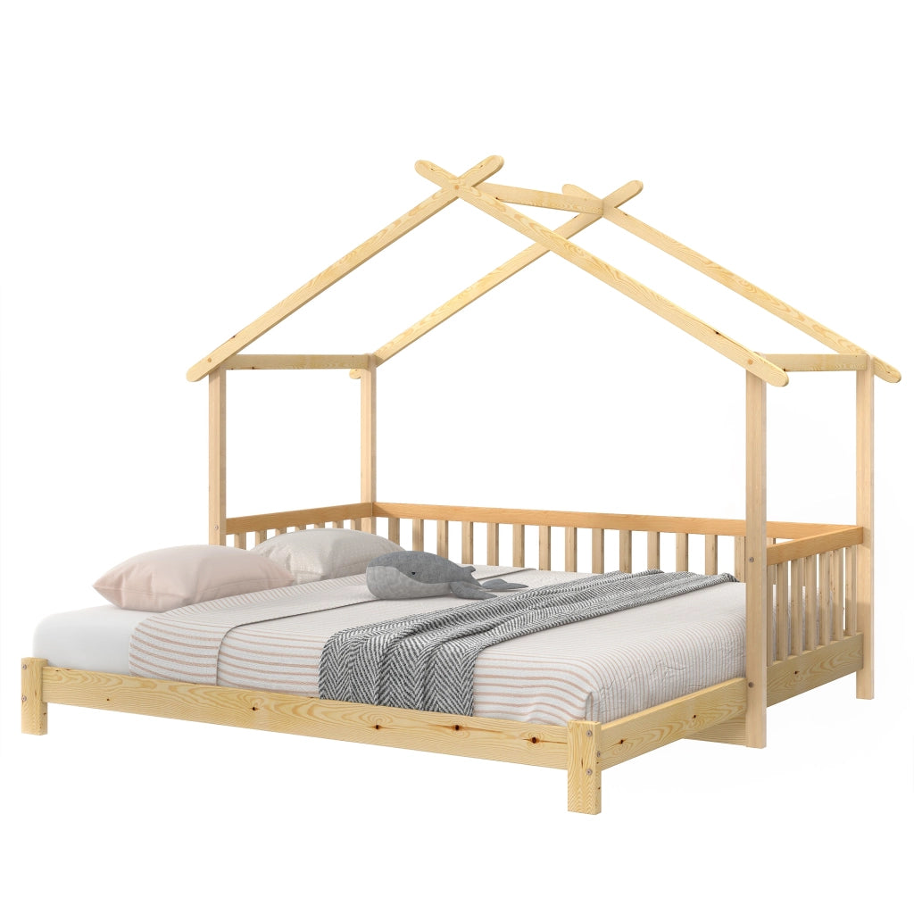 OKWISH Letto a Casetta 200×90 cm e 200×180 cm, Letto Matrimoniale estensibile con Sponde 3 Lati e Struttura a Casa, senza Materasso