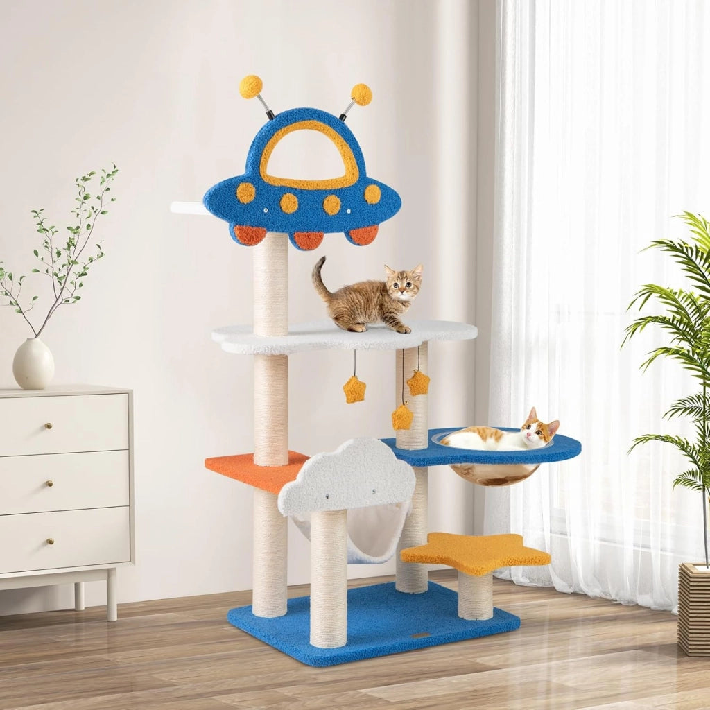 Tiragraffi per Gatti a Tema Spaziale, Albero per Gatti con Piattaforma a UFO e Pali in Sisal, Torre per Animali Domestici Interno (58 x 45 x 124cm)