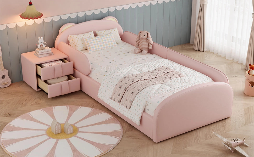 DESMIU Letto bambini 90 × 200 cm con testiera orso, comodino coordinato, senza materasso, in PU, rosa
