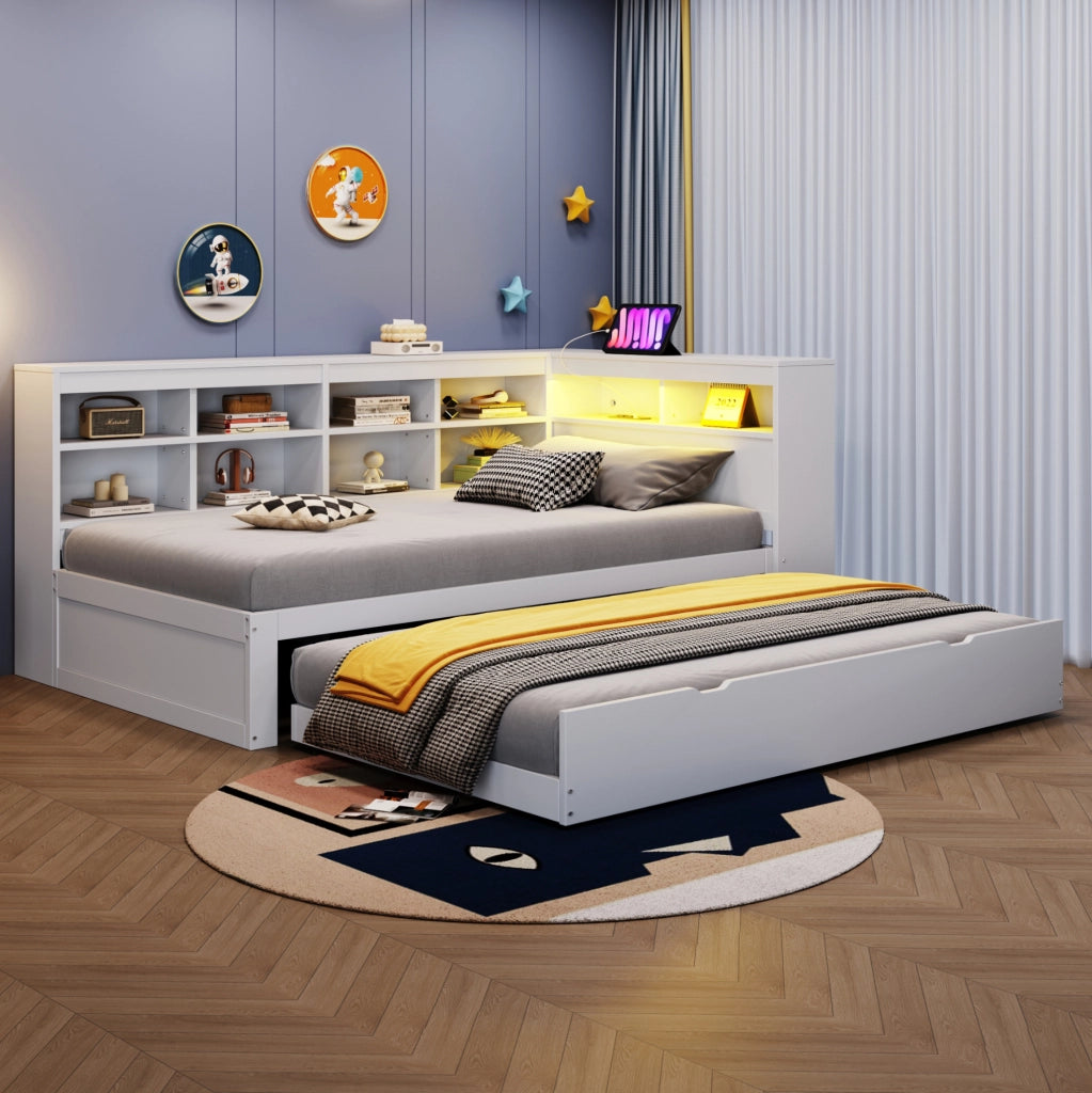 Letto singolo multifunzionale con letto estraibile 90x200 cm; USB; LED; bianco