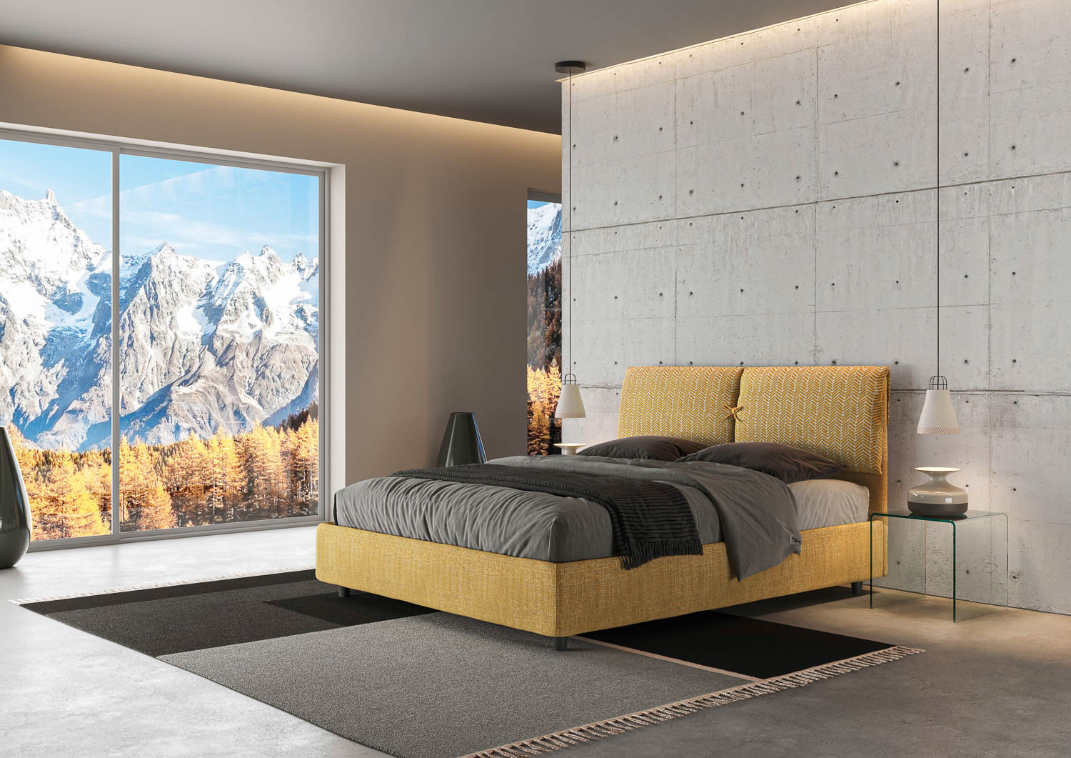 Letto Matrimoniale 160x210 cm con Rete e Contenitore con Testata e Alzata Comoda Imbottito in Tessuto Aragona Mados