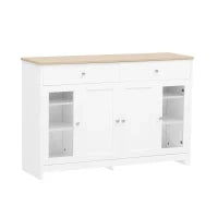 Credenza Moderna con Superficie in Legno, con 4 Ante e 2 Cassetti e Anta in Vetro, per Soggiorno e Sala da Pranzo, Bianco
