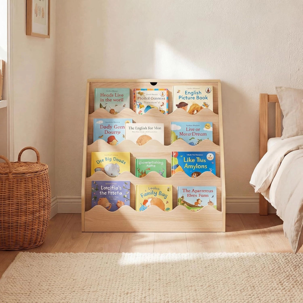 Libreria Montessoriana per Bambini 2in1, Scaffale per Libri a 4 Livelli con Carrello Portagiochi, Vano con Coperchio Ribaltabile, per Cameretta e Stanza dei Giochi, 63x49x61,5 cm (Naturale)