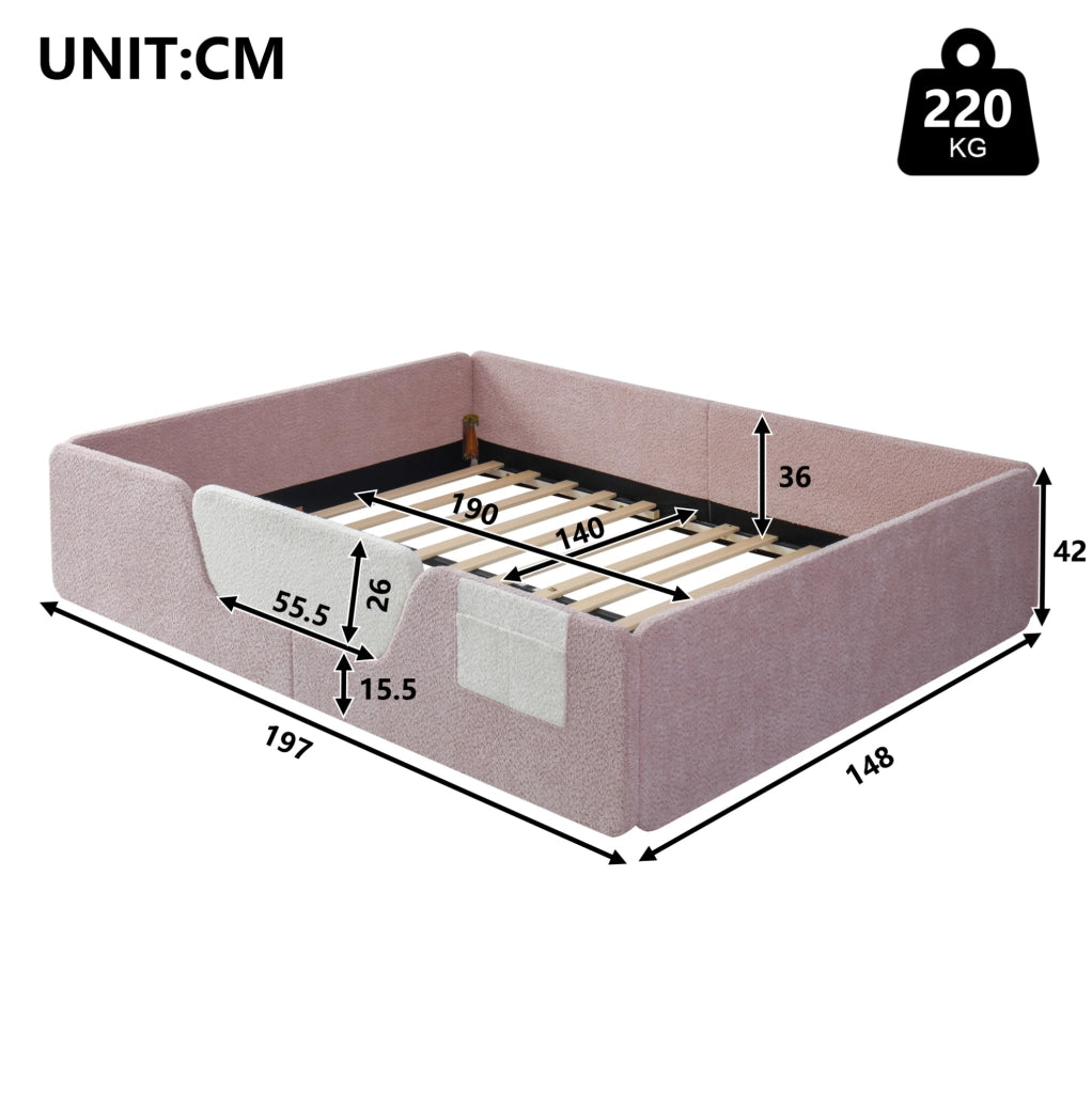 Letto imbottito 140x190 cm con sponde rimovibili e tasca laterale in velluto rosa