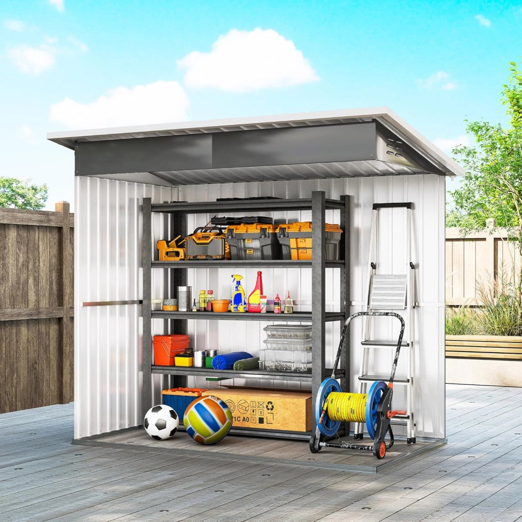 Casetta da Giardino Porta Attrezzi in Lamiera Acciaio Zincato, 2.55m² Capanno da Giardino con Porta Blocco Tetto Inclinato, Capannone per Prato, Patio, Cortile, Esterno, 221x133x190cm, Grigio