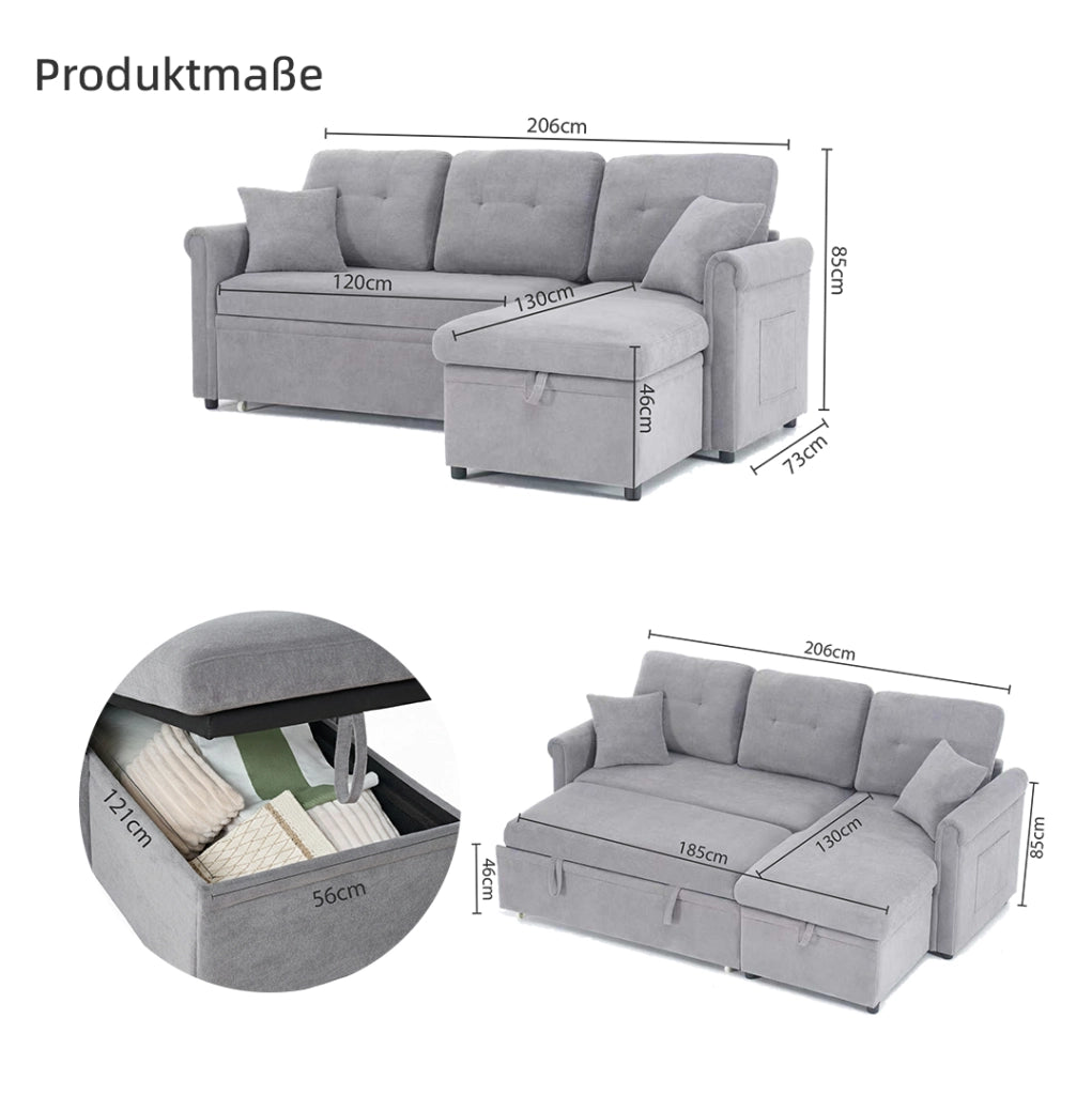 Divano angolare convertibile con contenitore funzione letto e chaise longue reversibile in chenille grigio