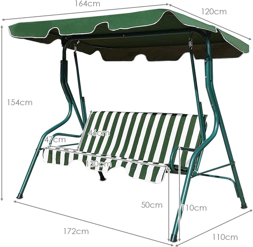 Dondolo da Giardino, a 3 Posti, Sedia da Oscillazione, Altalena con Tettuccio Ricambiabile, Portata di 210 kg, Verde/Marrone/Nero