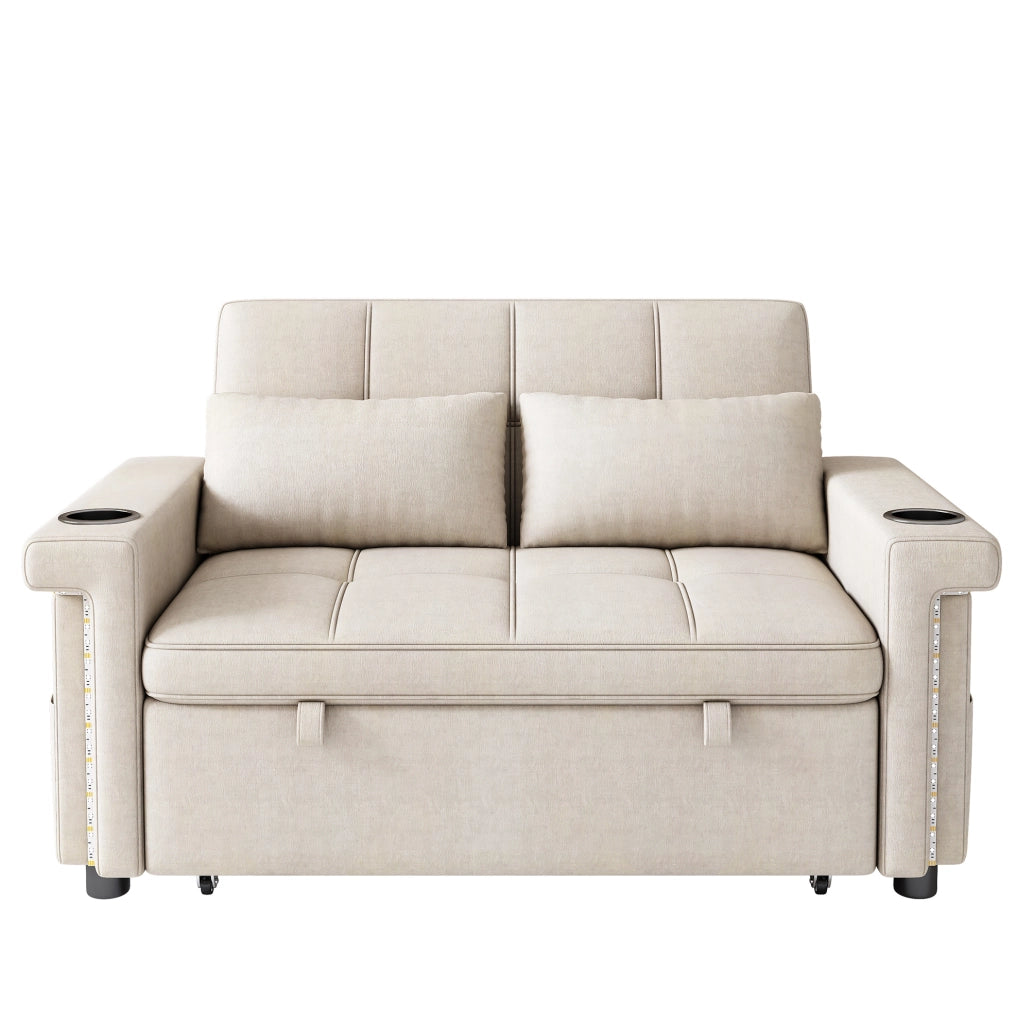 Divano letto 2 posti 145x141;5 cm in ciniglia beige con LED e porte USB/Type-C HOMVRA