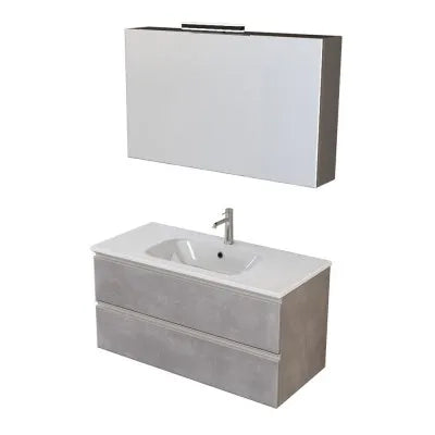 Mobile bagno sospeso 100 cm grigio cemento con lavabo e specchio contenitore Master