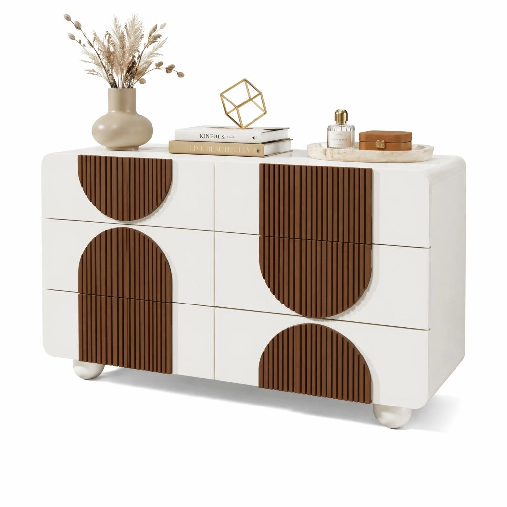 Comodino a 6 cassetti in bianco con design curvo, sideboard elegante 121x41x71 cm