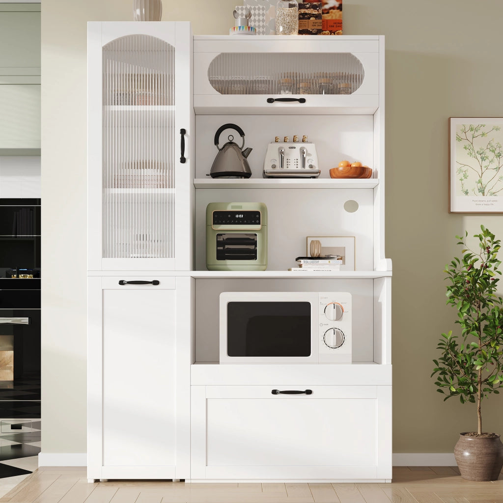 Credenza alta in MDF con ripiani regolabili, cassetto e vetro zigrinato per cucina soggiorno e sala da pranzo bianco