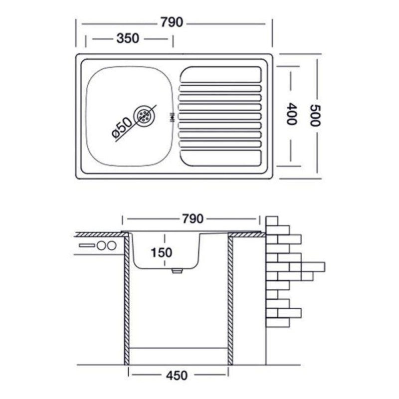 LAVELLO INOX INCASSO 79X50CM 1 VASCA CON GOCCIOLAT