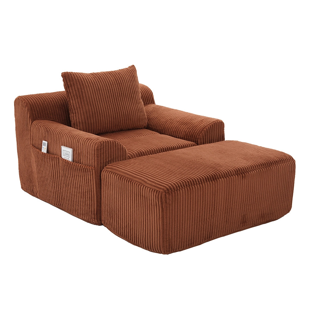 Poltrona oversize - Xylo - Velluto costato con tasche laterali, pouf e nessun assemblaggio