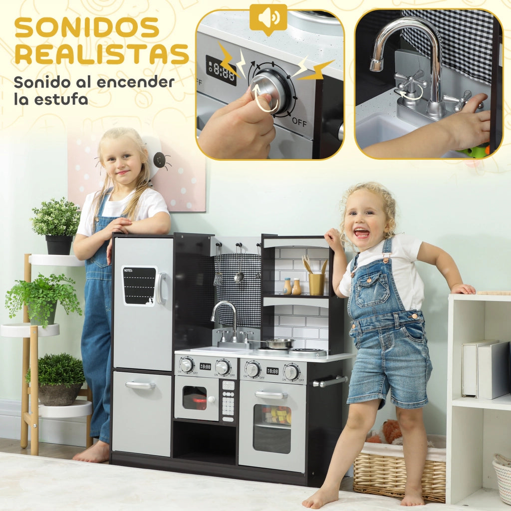 Cucina Giocattolo in Legno con Suono e Accessori Acciaio Inox per Bambini 3+ ¨C Minimal ¨C Marrone Scuro