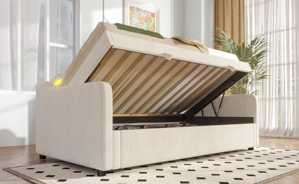 Letto singolo imbottito in velluto con contenitore e LED regolabili, 90x200 cm, beige