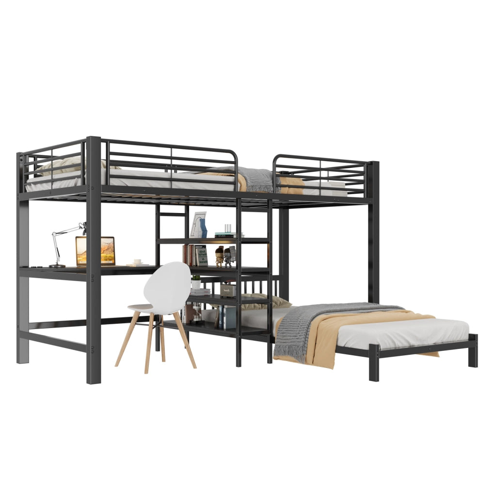 Letto a soppalco con scrivania 90x200 cm; struttura in metallo e MDF; nero