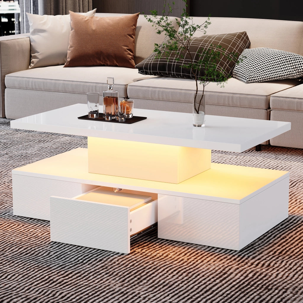 TAVOLINO DA SALOTTO 100x50x39 cm Bianco con LED, 1 cassetto e vano aperto