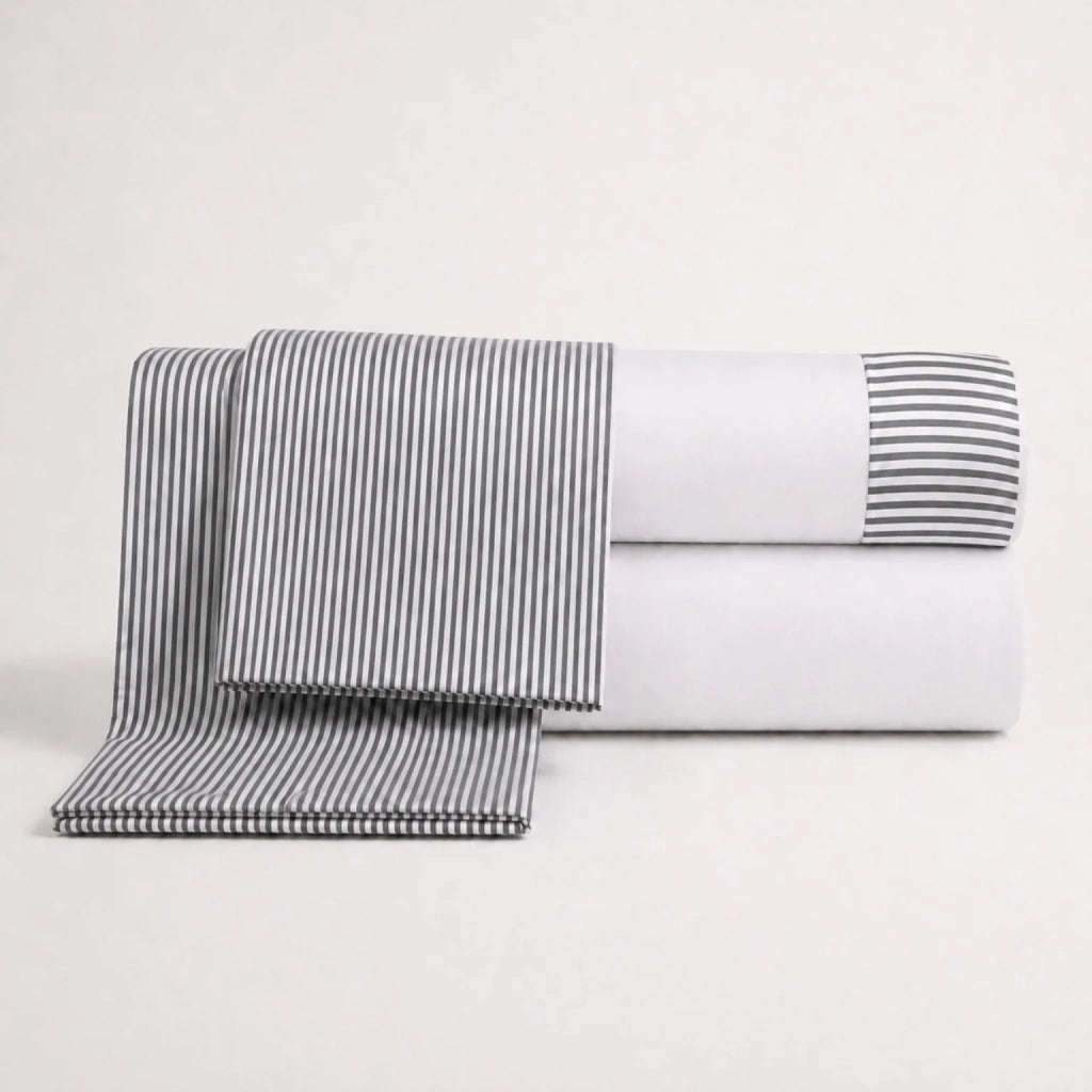 Set Lenzuola Letto Una Piazza e Mezza in Puro Cotone | Completo Letto 1 Piazza e Mezza | Lenzuolo con angoli, Lenzuolo Piano e 1 Federa | Lenzuola in Cotone con Balza a Righe Grigio