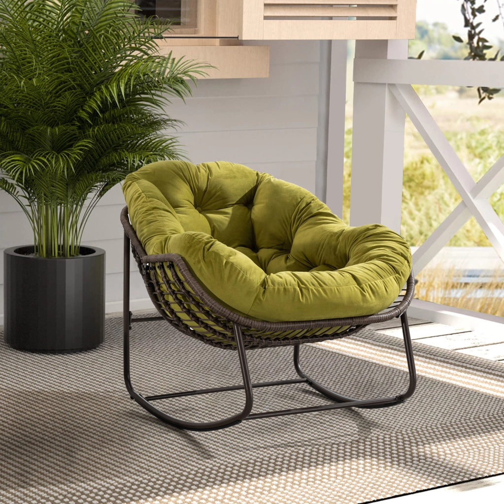 Sedia a dondolo in rattan sintetico con cuscino imbottito, oliva