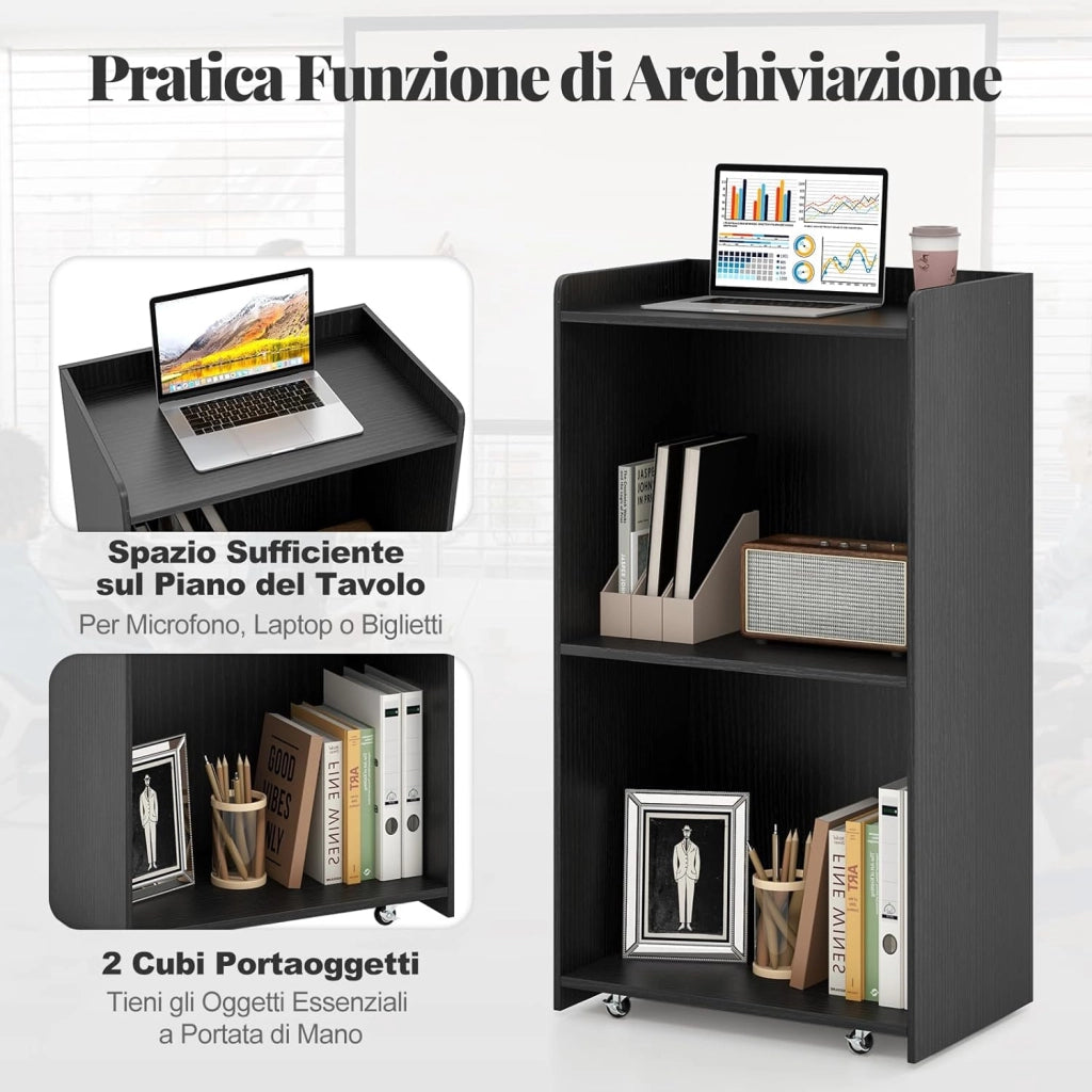 COSTWAY Podio per Conferenza, Leggio in Legno Massello con 2 Ripiani e Ruote Universali e Bloccabili, Podio in Piedi per Chiesa, Ufficio e Scuola, 57,5 x 37 x 105 cm (Nero)