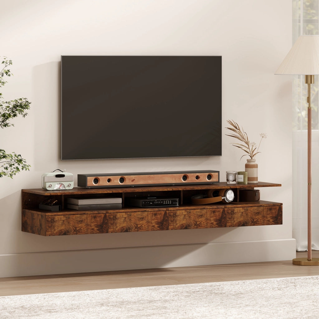 Set di 2 Comodini Sospesi con Cassetto e Mensola Aperta, 35x32x22.5 cm, Marrone Rustico