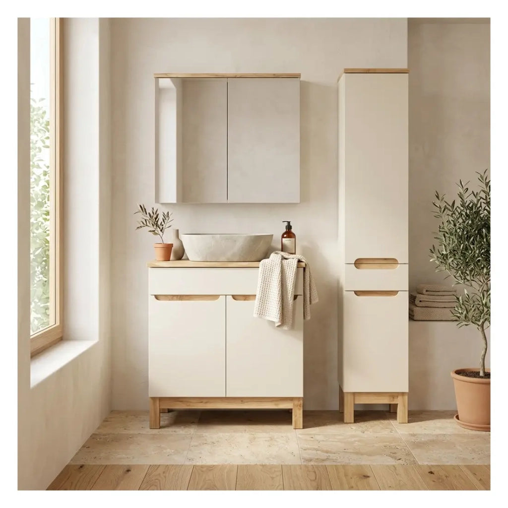 Set ERMANO cachemire 115cm: mobile sottolavabo + top per lavabo bisellato + lavabo da appoggio grigio + colonna
