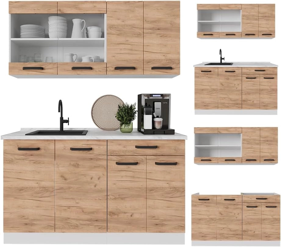 Cucina monoblocco R-Line, Quercia dorata, 140 cm PL Rovere, adatto a spazi piccoli, espandibile in modo modulare