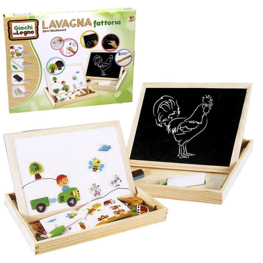 Trade Shop - Scatola Lavagna In Legno 2 Lati Gessetti Pennarelli E Magneti Animali Fattoria -