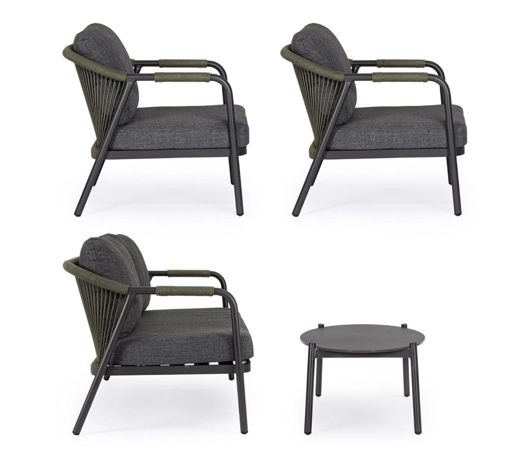 Set 4 Pezzi Salotto da Giardino con Divano 2 Poltrone e Tavolino in Alluminio Corda Poliestere e Pietra Sinterizzata