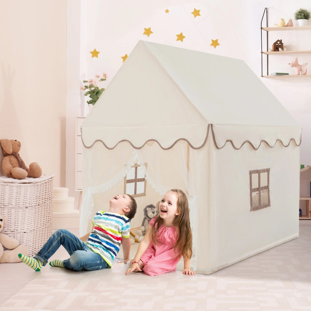 Casetta con tenda struttura in legno e tappetino di cotone, Casa con tenda porta e finestra per bambini Marrone-Tende e Casette per bambini