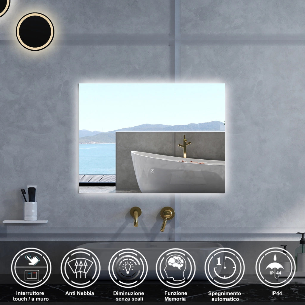 Specchio da bagno Rettangolare con 80x60cm,Memoria, Antifog,Regorabile,Retroilluminato,doppio interruttore,