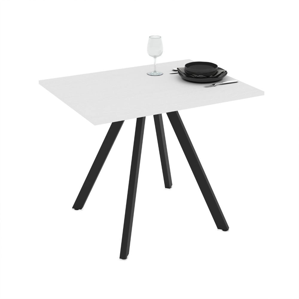 Tavolo fisso Lucas con piano in bianco frassinato e struttura in metallo nero