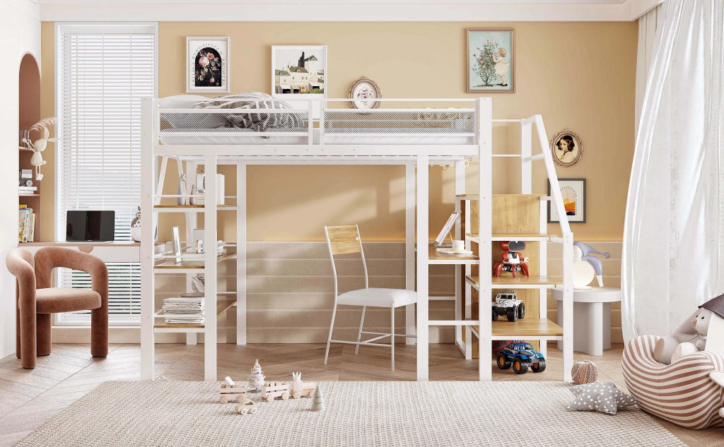 Letto alto bianco in metallo con scrivania armadio e scaffali a tre livelli 140x200 cm
