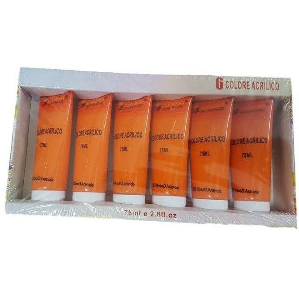 Trade Shop - Set 6pz Pittura Acrilica Vernice Confezione Colore Rosso Arancio Tubo 75ml 07496 -