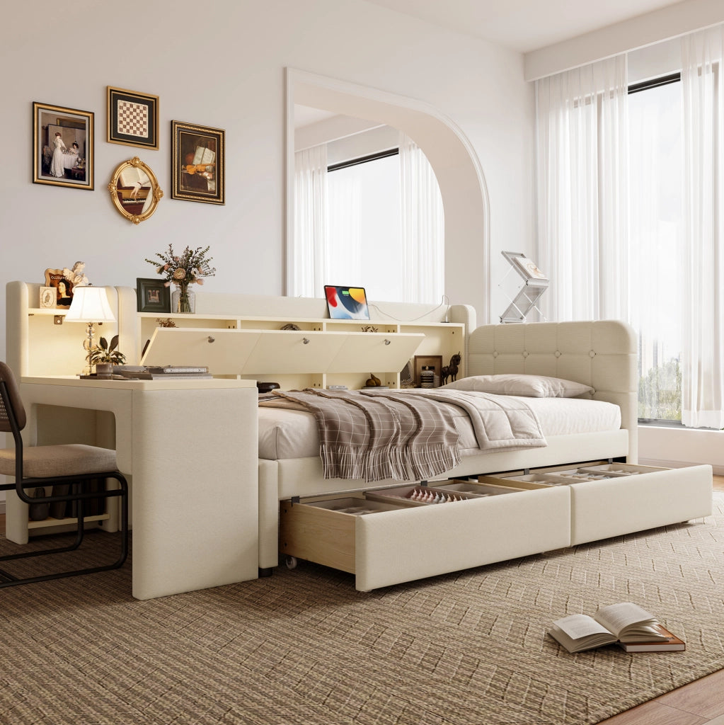 Letto singolo 90x200 cm beige con scrivania reversibile, 2 cassetti e USB/Type-C