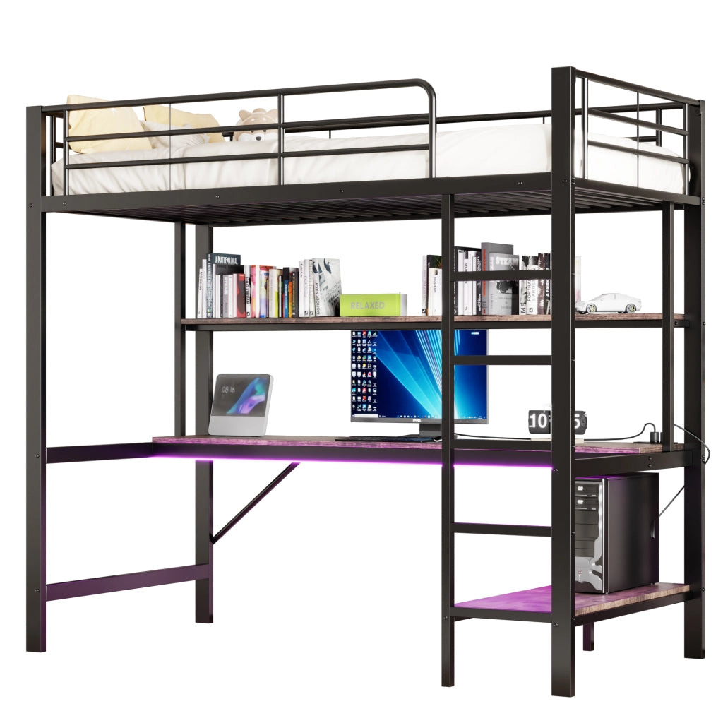 Letto a castello nero in metallo con funzione usb e presa elettrica 90x200 cm