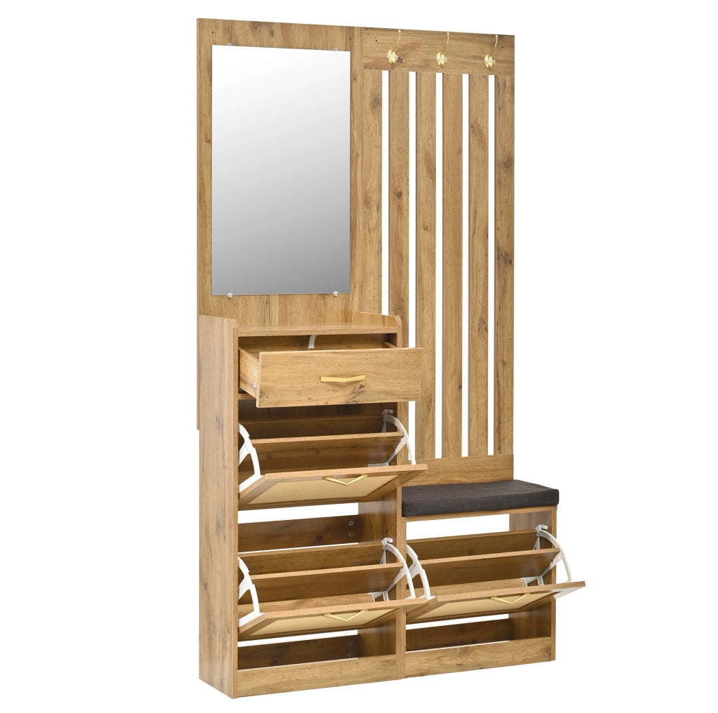 Garderoba da ingresso 99.5x26x180 cm con specchio; pannelli portascarpe ribaltabili e panca imbottita; MDF; naturale