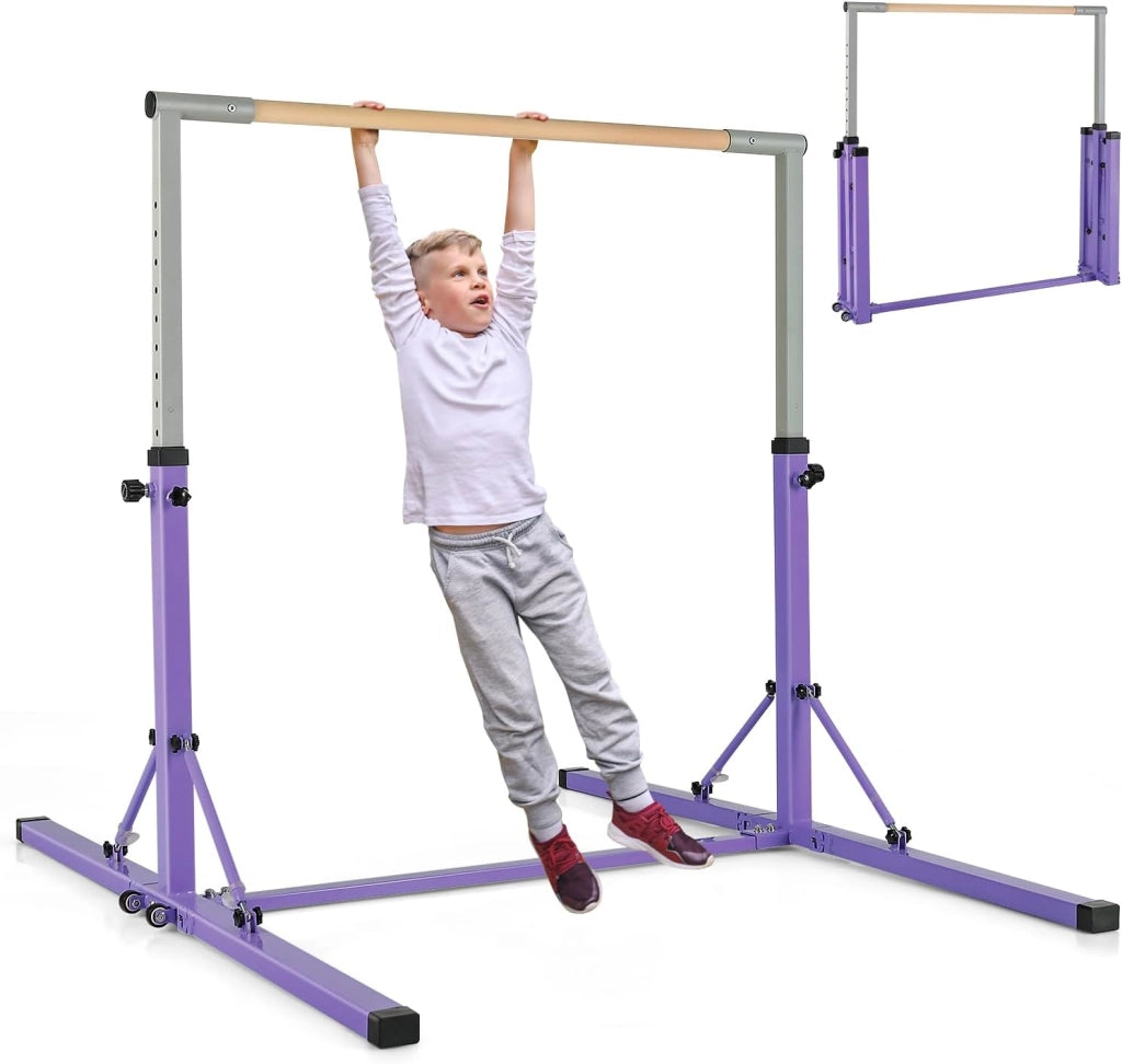 Barra per Ginnastica e Danza per Bambini e Bambine Pieghevole e Portatile, Sbarra Parallela in Metallo e Legno con 13 Altezze Regolabili, Ruote e Cuscinetti Antiscivolo, Portata 100 kg