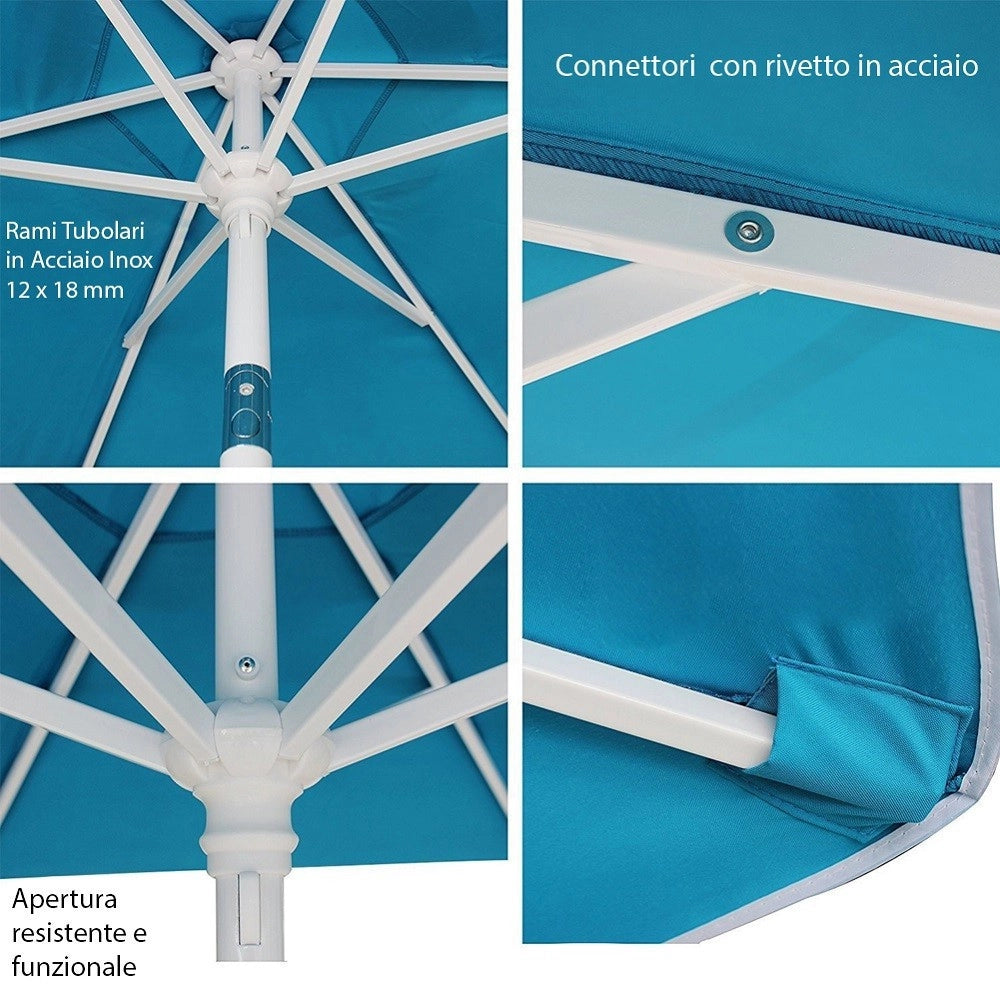 Trade Shop - Ombrellone Mare Spiaggia Giardino Acciaio Inox Grande 210cm Azzurro Con Custodia -