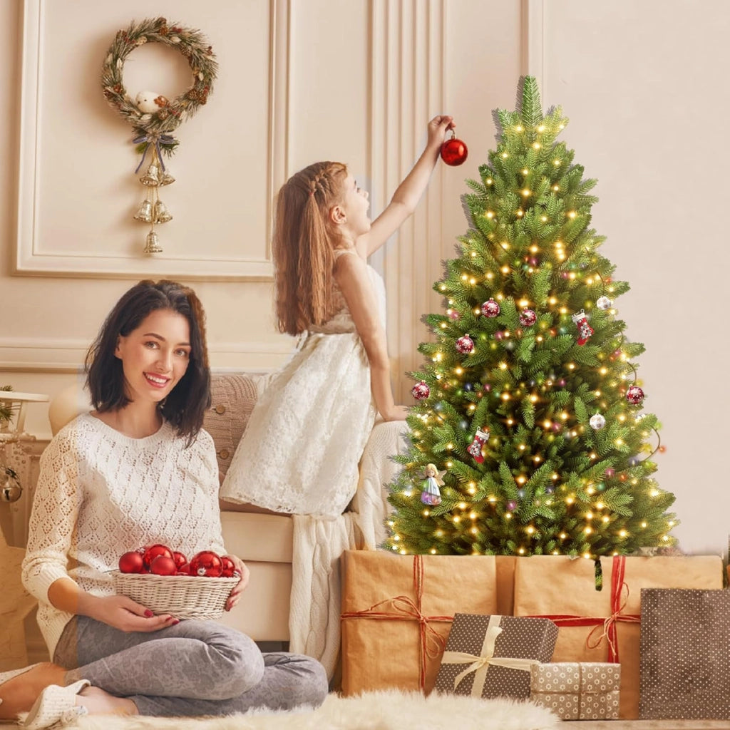 Albero di Natale Artificiale con Illuminazione 150 cm in PVC/PE Abete di Natale con Base in Legno Alberi di Natale Christmas Tree Decorazione Natalizia